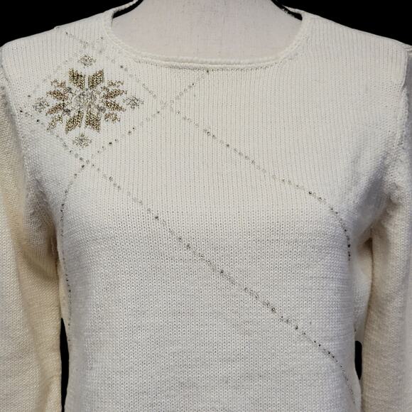 Snowflake Sweater Womens Sz L Petite Cream Gold Beaded Wool Pullover Christmas - Picture 2 of 7